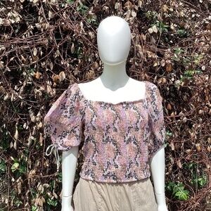 Free People Smocked Puff Sleeve Tie Back Crop Top